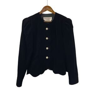 Velvet Black Velvet Scalloped Blazer Top Rhinestone Pearl Buttons Vintage